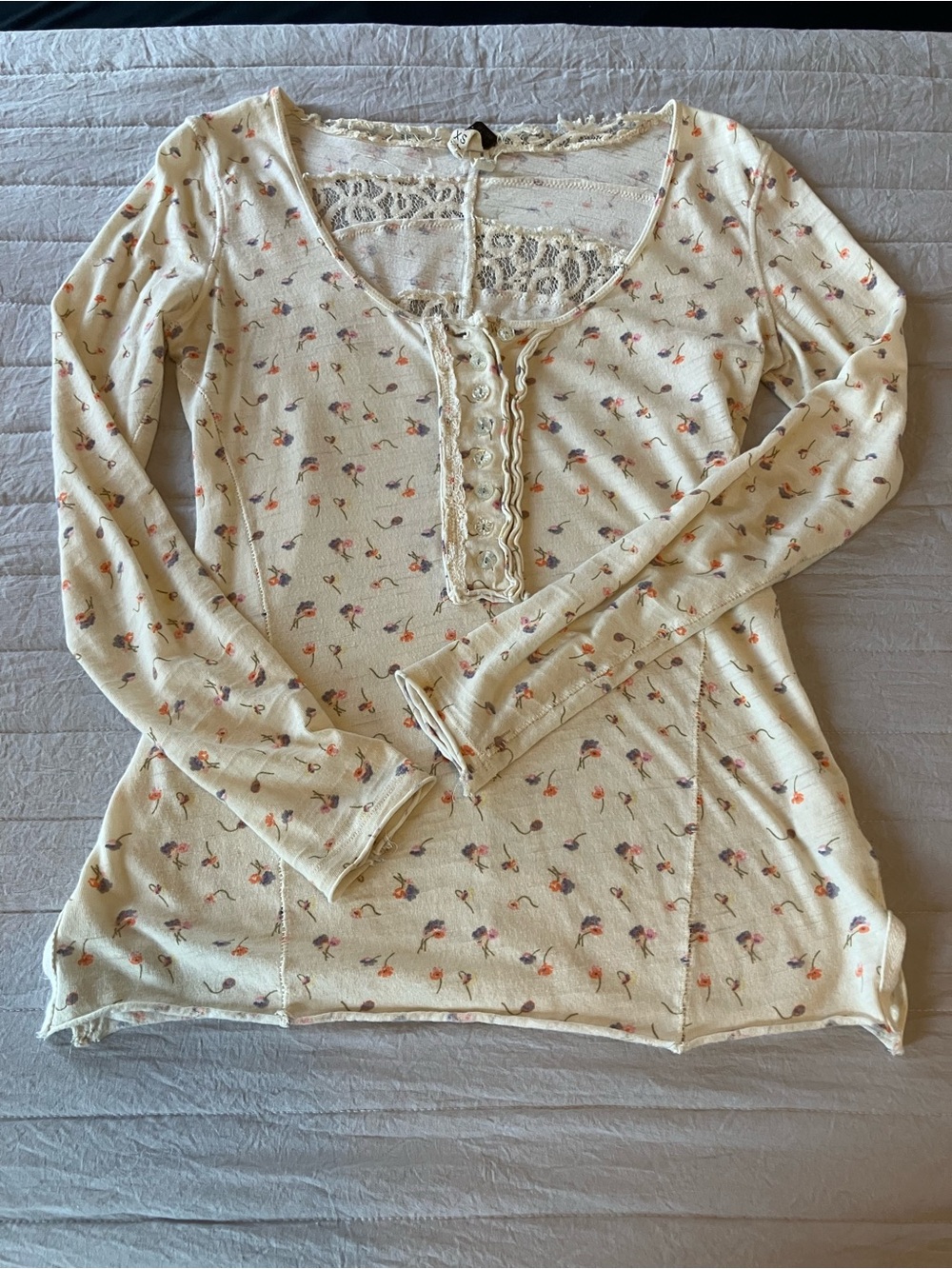 We The Free Cream Long Sleeve Henley with Lace Back & Floral Print